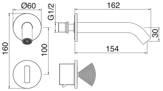 Rubinetterie Treemme 3M Electronic Washbasin Tap RWIT 1395 IS 02 + RWIT 1395 ZZ 01 Rubinetto Elettronico Con Fotocellula Per Lavabo 154 Parete 2 Fori Batteria Standard Solo Acqua Fredda Lunghezza 162 mm Parte Interna Esterna Incluse Acciaio Inox