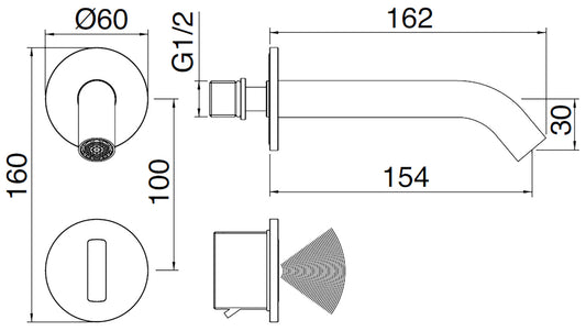 Rubinetterie Treemme 3M Electronic Washbasin Tap RWIT 1395 IS EL + RWIT 1395 ZZ MX Rubinetto Elettronico Con Fotocellula Per Lavabo 154 Parete 2 Fori Elettrico Miscelazione Termostatica Lunghezza 162 mm Parte Interna Esterna Incluse Acciaio Inox