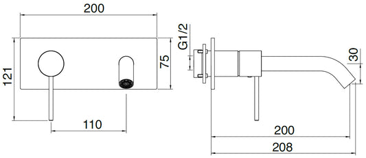 Rubinetterie Treemme 3M 40mm RWIT 13A9 IS 02 + RWIT 51A5 ZZ 01 Miscelatore Lavabo Incasso 200 Muro 1 Leva SX 2 Fori Meccanico Moderno Lunghezza 208 mm Piastra Orizzontale Staffa Cartongesso Acciaio Inox Spazzolato Opaco Parte Interna Esterna Incluse