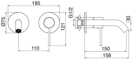 Rubinetterie Treemme 40MM Miscelatore Monocomando Lavabo Incasso A Muro 150 mm 2 Fori Stile Moderno Senza Piastra Materiale Acciaio Finitura Acciaio Spazzolato Opaco Inox Parte Interna Esterna Incluse