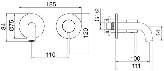 Rubinetterie Treemme 3M 40mm RWIT 13C5 IS BC + RWIT 51A5 ZZ 01 Miscelatore Lavabo Incasso 100 Muro 1 Leva Destra Meccanico 2 Fori Moderno Lunghezza 111 mm Orizzontale Staffa Cartongesso Acciaio Inox Spazzololato Opaco Parte Interna Esterna Incluse