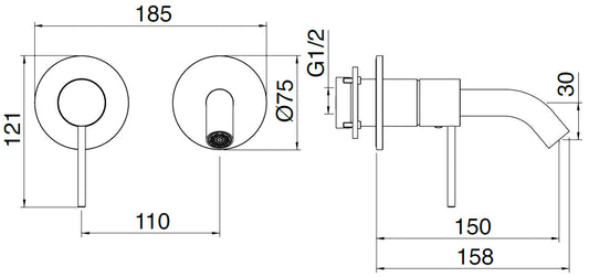 Rubinetterie Treemme 3M 40mm RWIT 13C7 IS 02 + RWIT 51A5 ZZ 01 Miscelatore Monocomando Lavabo Incasso 150 Muro 1 Leva SX 2 Fori Meccanico Moderno Lunghezza 158 mm Orizzontale Staffa Cartongesso Acciaio Inox Spazzolato Opaco Parte Interna Esterna Incluse