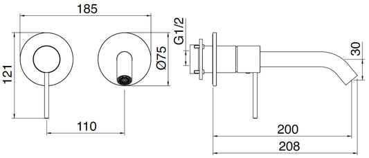 Rubinetterie Treemme 3M 40mm RWIT 13C9 IS 02 + RWIT 51A5 ZZ 01 Miscelatore Monocomando Lavabo Incasso 200 Muro 1 Leva SX 2 Fori Meccanico Moderno Lunghezza 208 mm Orizzontale Staffa Cartongesso Acciaio Inox Spazzolato Opaco Parte Interna Esterna Incluse