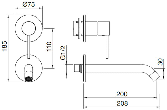 Rubinetterie Treemme 3M 40mm RWIT 13D3 IS 01 + RWIT 51A5 ZZ 01 Miscelatore Monocomando Lavabo Incasso 200 Muro 1 Leva 2 Fori Meccanico Moderno Lunghezza 208 mm Verticale Staffa Cartongesso Acciaio Inox Spazzolato Opaco Parte Interna Esterna Incluse