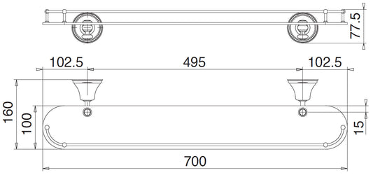 Rubinetterie Treemme 3M 8200 IT 8225 CC ZZ VV Mensola Con Bordo Installazione a Parete Forma Tonda Stile Classico Larghezza 700 mm Profondità 160 mm Ripiano in Vetro Con Supporto In Ottone Finitura Cromata