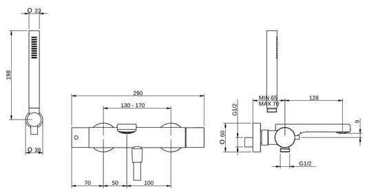 Rubinetterie Treemme 3M Contract Bamboo IT 5000 CC BM ZZ Miscelatore Monocomando Esterno Vasca a Muro Miscelazione Meccanica 3 Fori Ottone Cromato Stile Moderno Gancio Metallo Doccetta ABS Flessibile PVC