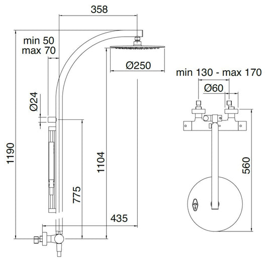 Rubinetterie Treemme 3M Bamboo IT 6523 CC VL ZZ Colonna Gruppo Doccia Miscelatore Termostatico Multifunzione Con Doccetta Rotonda Stilo Metallo Flessibile PVC 1,5 Metri Soffione Anticalcare Tondo Ø Diametro 250 mm Montaggio Muro Ottone Cromato