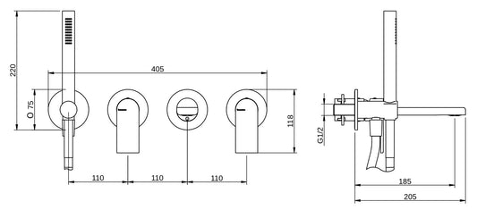 Rubinetterie Treemme 3M Bamboo RWIT 50D8 CC 01 + RWIT 51D7 ZZ 12 Miscelatore Vasca / Doccia Incasso Muro Monocomando Meccanico Parte Interna Esterna Inclusa 4 Fori Staffa Cartongesso Ottone Cromo 2 Leve Stile Moderno Doccetta Metallo Flessibile PVC