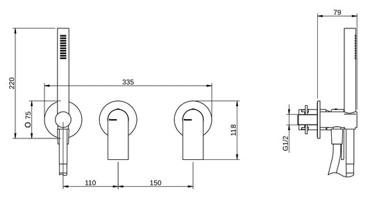 Rubinetterie Treemme 3M Bamboo RWIT 50D9 CC 01 + RWIT 51D9 ZZ 01 Miscelatore Vasca / Doccia Incasso Muro Monocomando Meccanico Parte Interna Esterna Inclusa 3 Fori Staffa Cartongesso Ottone Cromo 2 Leve Stile Moderno Doccetta Metallo Flessibile PVC