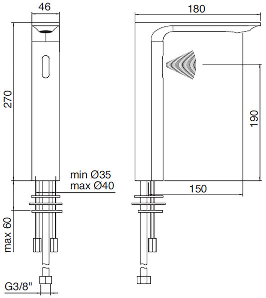 Rubinetterie Treemme 3M Electronic Washbasin Tap IT 22A1 CC ZZ EL + IT 0480 CC ZZ ZZ + IT RTMT 142 CC Rubinetto Elettronico Con Fotocellula Per Lavabo Alimentazione Elettrica Termostatico 2 Arresti 1 Snodo Lunghezza 180 mm Altezza 270 mm Ottone Cromato