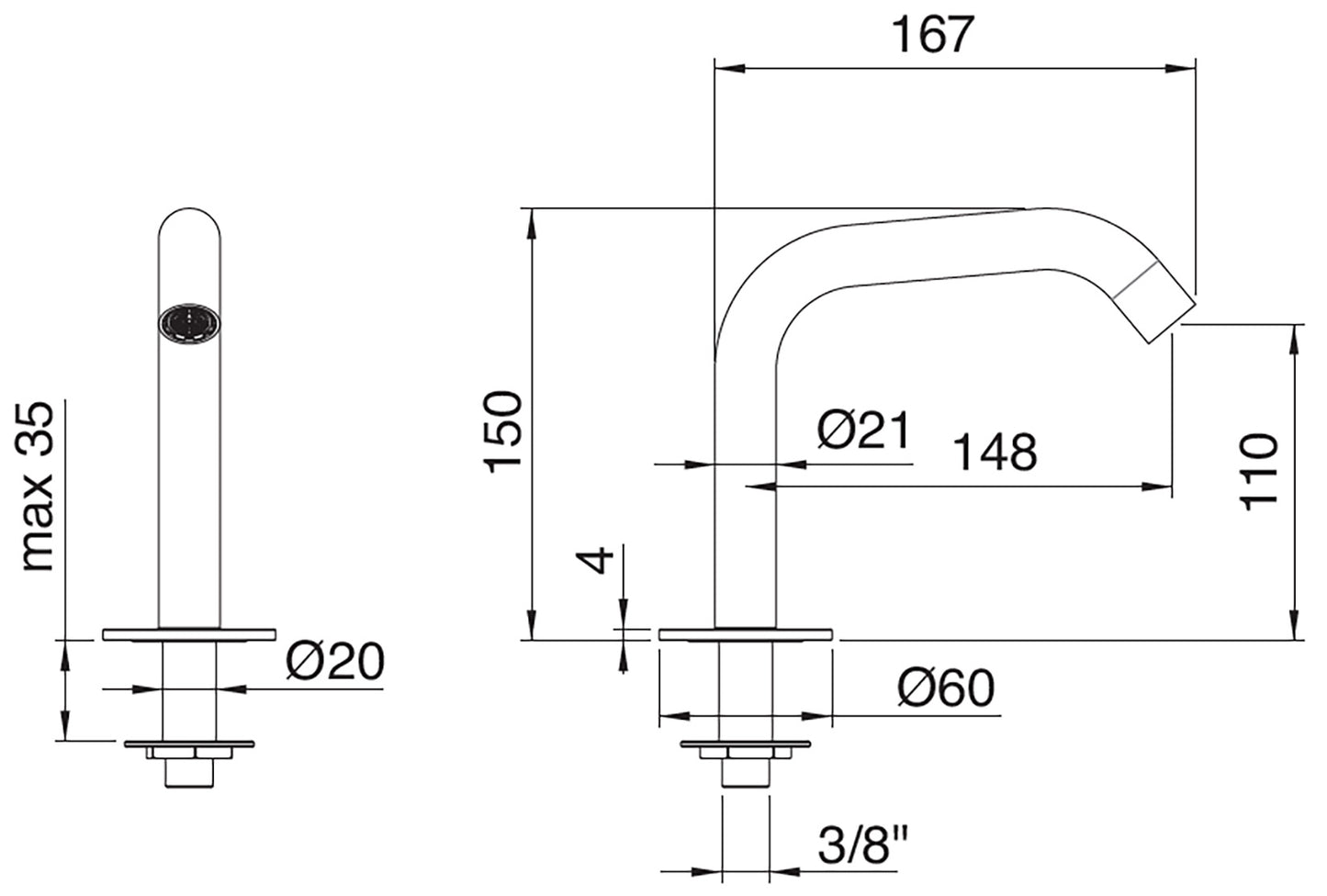 Rubinetterie Treemme 3M RWIT 1310 IS 10 Electronic Washbasin Tap Bocca Lavabo Da Piano 110 mm Getto di Erogazione Uscita Acqua Installazione Ad Appoggio Stile Moderno Forma Tonda Monoforo Altezza 150 mm Lunghezza 167 mm Acciaio Inox Spazzolato Opaco