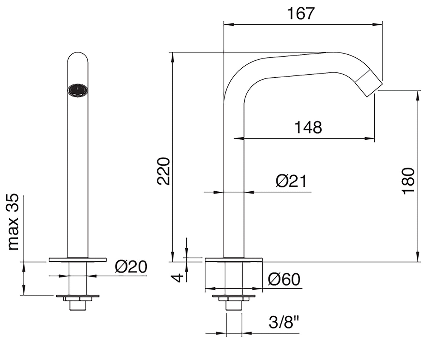 Rubinetterie Treemme 3M RWIT 1310 IS 20 Electronic Washbasin Tap Bocca Lavabo Da Piano 180 mm Getto di Erogazione Uscita Acqua Installazione Ad Appoggio Stile Moderno Forma Tonda Monoforo Altezza 220 mm Lunghezza 167 mm Acciaio Inox Spazzolato Opaco