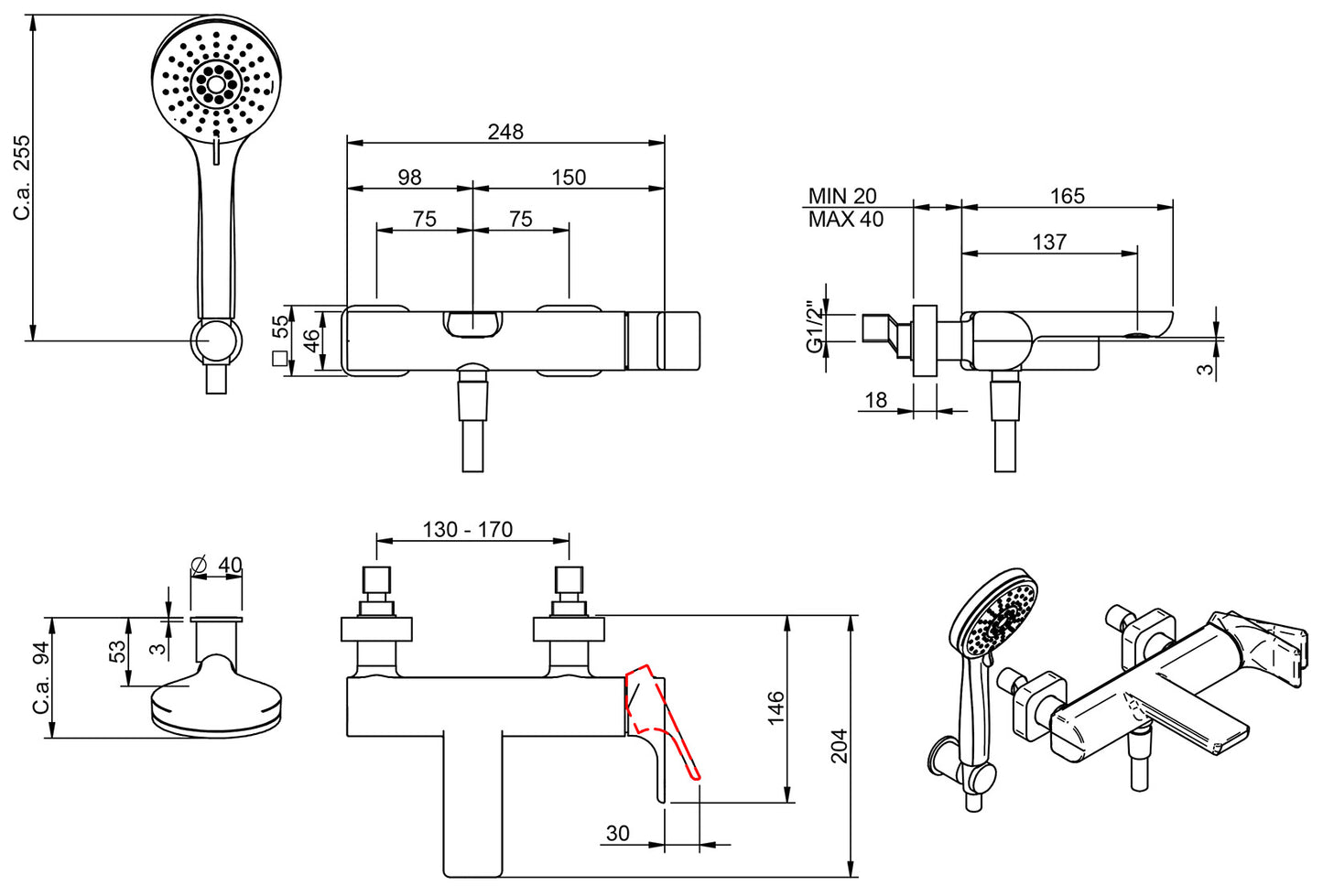 Rubinetterie Treemme 3M Hask IT 6A00 CC HA ZZ Miscelatore Vasca Esterno Muro Monocomando Meccanico 3 Fori Ottone Cromato 1 Leva Stile Moderno Doccetta Estraibile ABS Flessibile PVC