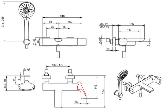 Rubinetterie Treemme 3M Hask IT 6A00 CC HA ZZ Miscelatore Vasca Esterno Muro Monocomando Meccanico 3 Fori Ottone Cromato 1 Leva Stile Moderno Doccetta Estraibile ABS Flessibile PVC