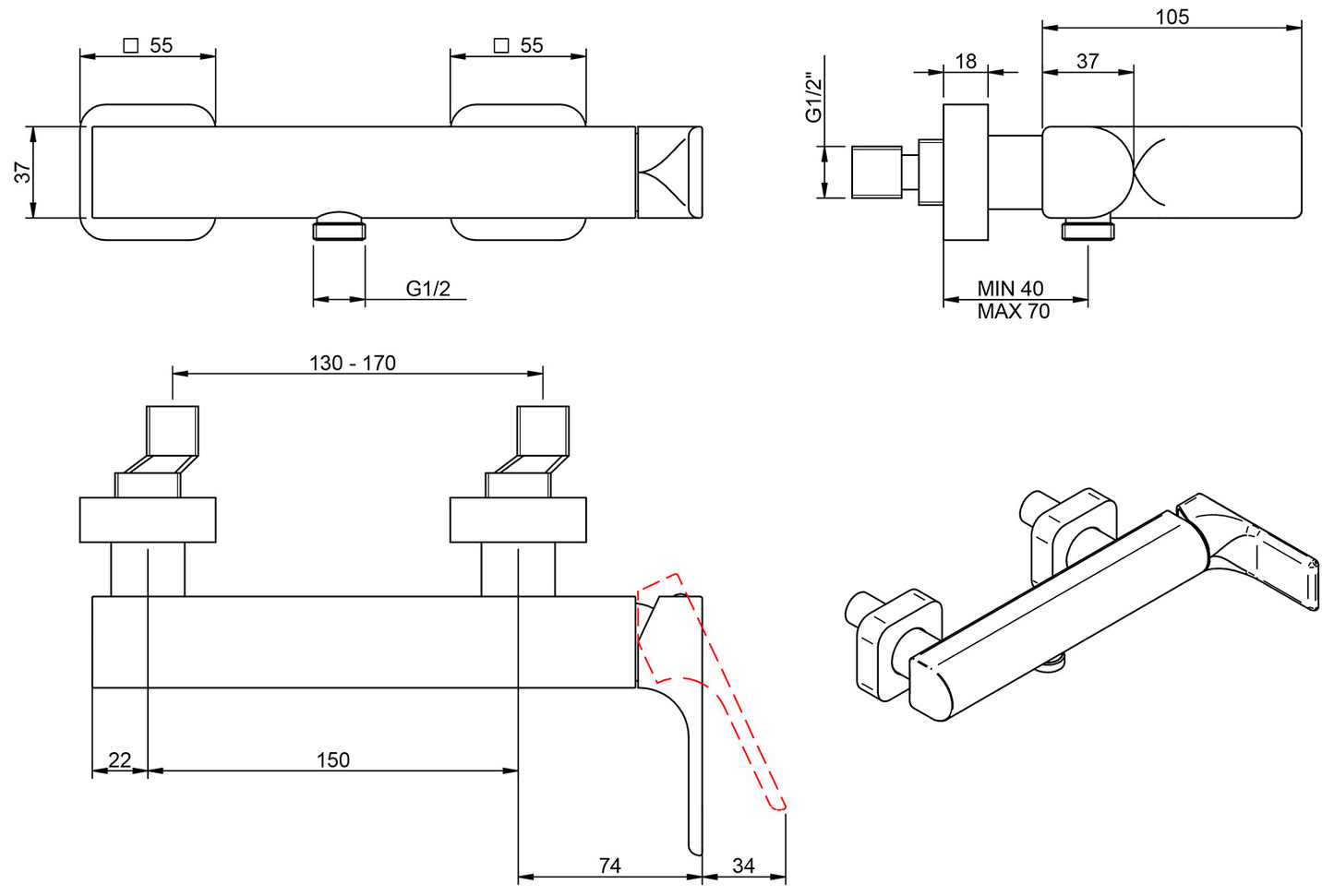 Rubinetterie Treemme 3M Hask IT 6A56 CC HA ZZ Miscelatore Meccanico Monocomando Esterno Doccia Muro 1 Via 2 Fori 1 Leva Materiale Ottone Finitura Cromata