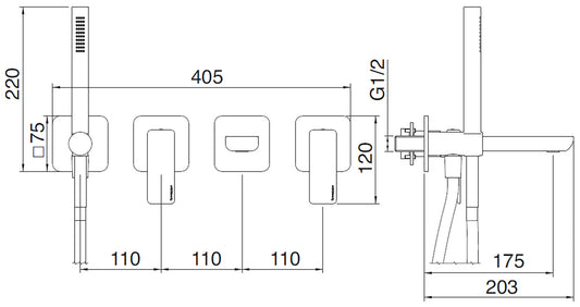 Rubinetterie Treemme 3M Hask RWIT 6AD8 CC 01 + RWIT 51D7 ZZ 12 Miscelatore Vasca / Doccia Incasso Muro Monocomando Meccanico Parte Interna Esterna Inclusa 4 Fori Senza Piastra Ottone Cromata 2 Leve Stile Moderno Doccetta Estraibile Metallo Flessibile PVC