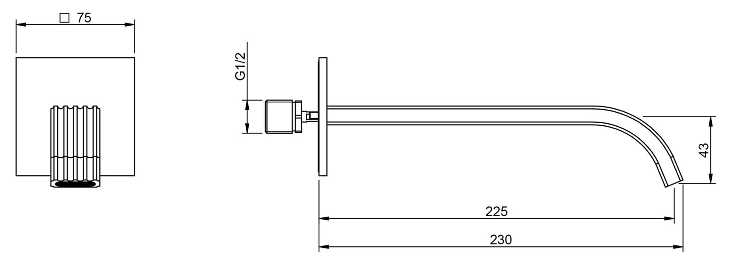 Rubinetterie Treemme 3M Ios IT 2A61 CC ZZ ZZ Bocca Muro 225 mm Getto Erogazione Uscita Acqua Installazione Parete Materiale Ottone Finitura Cromata Stile Moderno Monoforo Lunghezza 230 mm Portata Acqua 6 Litri Al Minuto