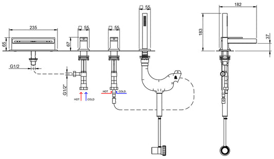 Rubinetterie Treemme 3M Ios IT 2A68 CC RM ZZ Miscelatore Batteria Bordo Vasca Appoggio 4 Fori Meccanico Con Doccetta Estraibile Metallo Flessibile PVC Senza Piastra Ottone Cromata 2 Leve Manopole Stile Moderno