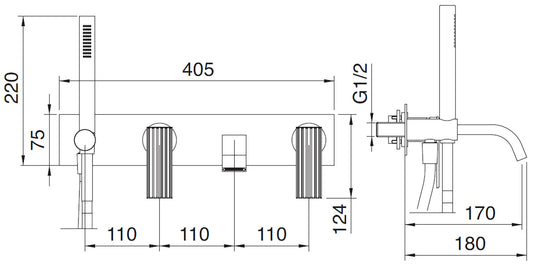 Rubinetterie Treemme 3M Ios RWIT 2AD7 CC 01 + RWIT 51D7 ZZ 12 Miscelatore Vasca / Doccia Incasso Muro Monocomando Meccanico Parte Interna Esterna Inclusa 4 Fori Con Piastra Ottone Cromata 2 Leve Manopole Stile Moderno Doccetta Metallo Flessibile PVC