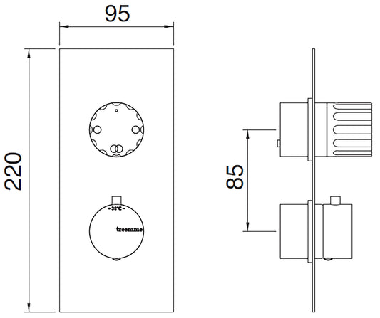 Rubinetterie Treemme 3M Ios RWIT 8A46 CC 60 + RWIT 8A46 ZZ 20 Miscelatore Doccia Incasso Muro Termostatico Deviatore 2 Uscite Con Piastra Due Fori 1 Manopola Materiale Ottone Finitura Cromata Parte Interna Esterna Incluse