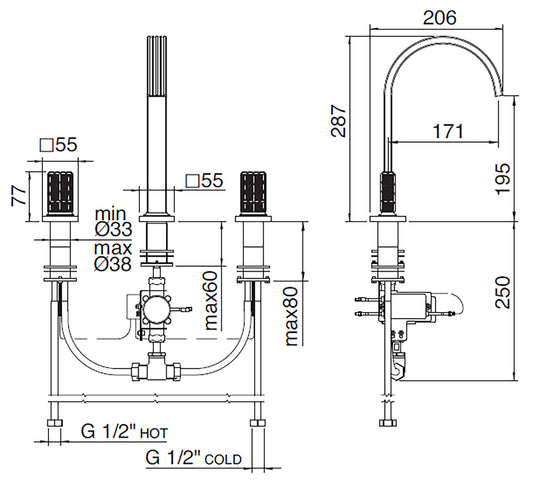 Rubinetterie Treemme 3M Kea IT 3A16 CC RO ZZ Miscelatore Batteria Lavabo 195 mm Appoggio 2 Manopole in Cristallo Trasparente Illuminate a Led 3 Fori Stile Moderno Altezza 287 mm Lunghezza 206 mm Materiale Ottone Finitura Cromato