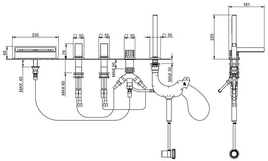 Rubinetterie Treemme 3M Kea IT 7A06 CC K1 ZZ Miscelatore Batteria Bordo Vasca 5 Fori Con Doccetta Estraibile Metallo Flessibile PVC Materiale Ottone Finitura Cromata Stile Moderno 2 Leve Manopole in Marmo Avorio Segesta