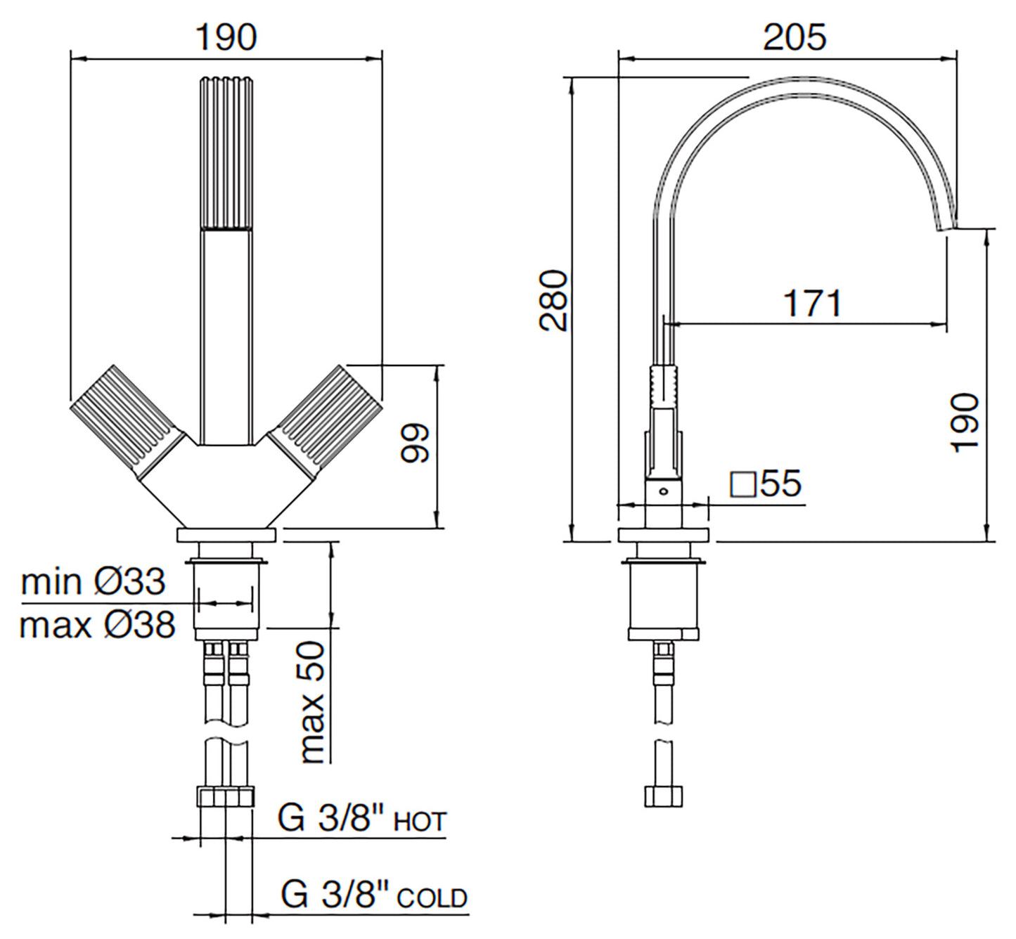 Rubinetterie Treemme 3M Kea IT 7A14 CC KO ZZ Miscelatore Lavabo 190 mm Appoggio 2 Manopole in Ottone Monoforo Stile Moderno Altezza 280 mm Lunghezza 205 mm Materiale Ottone Finitura Cromato