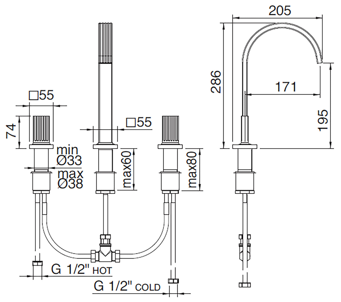 Rubinetterie Treemme 3M Kea IT 7A16 CC KO ZZ Miscelatore Batteria Lavabo 195 mm Appoggio 2 Manopole in Ottone 3 Fori Stile Moderno Altezza 286 mm Lunghezza 205 mm Materiale Ottone Finitura Cromato