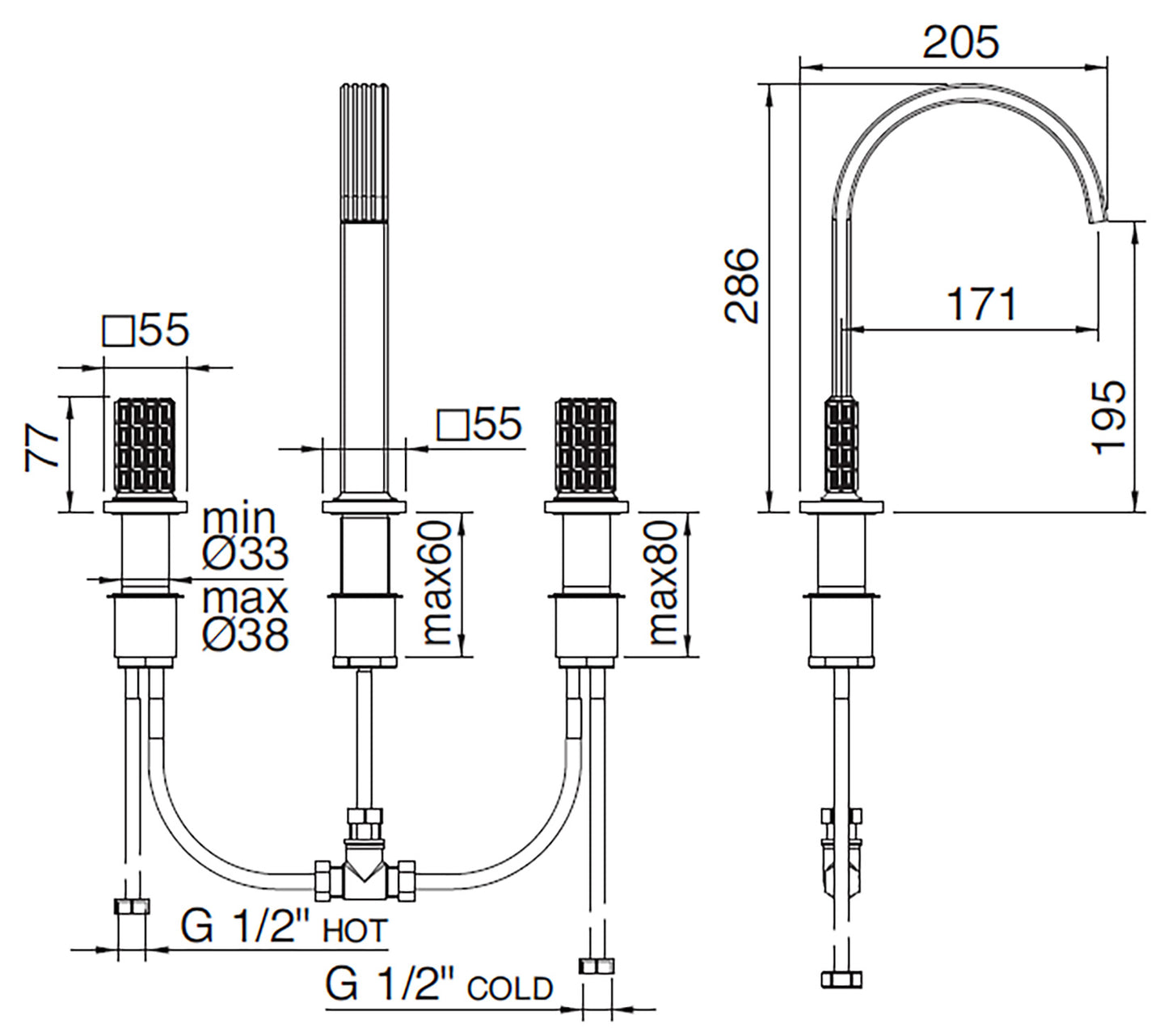 Rubinetterie Treemme 3M Kea IT 7A16 CC RO ZZ Miscelatore Batteria Lavabo 195 mm Appoggio 2 Manopole in Cristallo Trasparente 3 Fori Stile Moderno Altezza 286 mm Lunghezza 205 mm Materiale Ottone Finitura Cromato