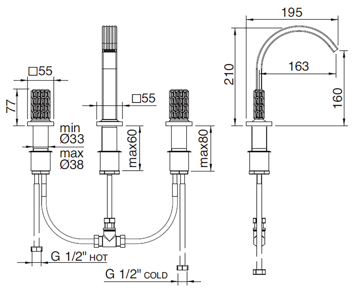 Rubinetterie Treemme 3M Kea IT 7A27 CC RO ZZ Miscelatore Batteria Bidet Appoggio 2 Manopole in Cristallo Trasparente 3 Fori Stile Moderno Altezza 210 mm Lunghezza 195 mm Senza Piletta Di Scarico Materiale Ottone Finitura Cromato