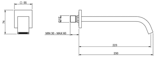 Rubinetterie Treemme 3M Kea IT 7A61 CC ZZ HF Bocca Muro 223 mm Getto Erogazione Uscita Acqua Installazione Parete Materiale Ottone Finitura Cromata Stile Moderno Monoforo Lunghezza 230 mm Portata Acqua 20 Litri Al Minuto