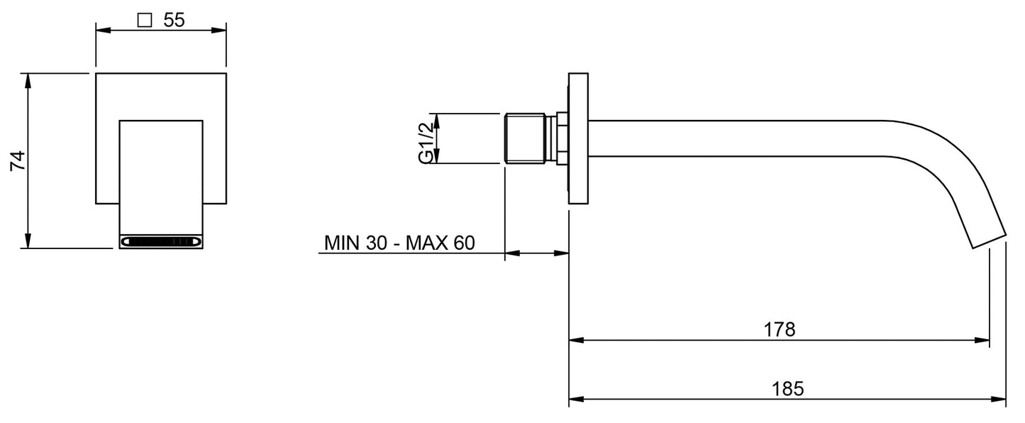 Rubinetterie Treemme 3M Kea IT 7A63 CC ZZ HF Bocca Muro 178 mm Getto Erogazione Uscita Acqua Installazione Parete Materiale Ottone Finitura Cromata Stile Moderno Monoforo Lunghezza 185 mm Portata Acqua 20 Litri Al Minuto