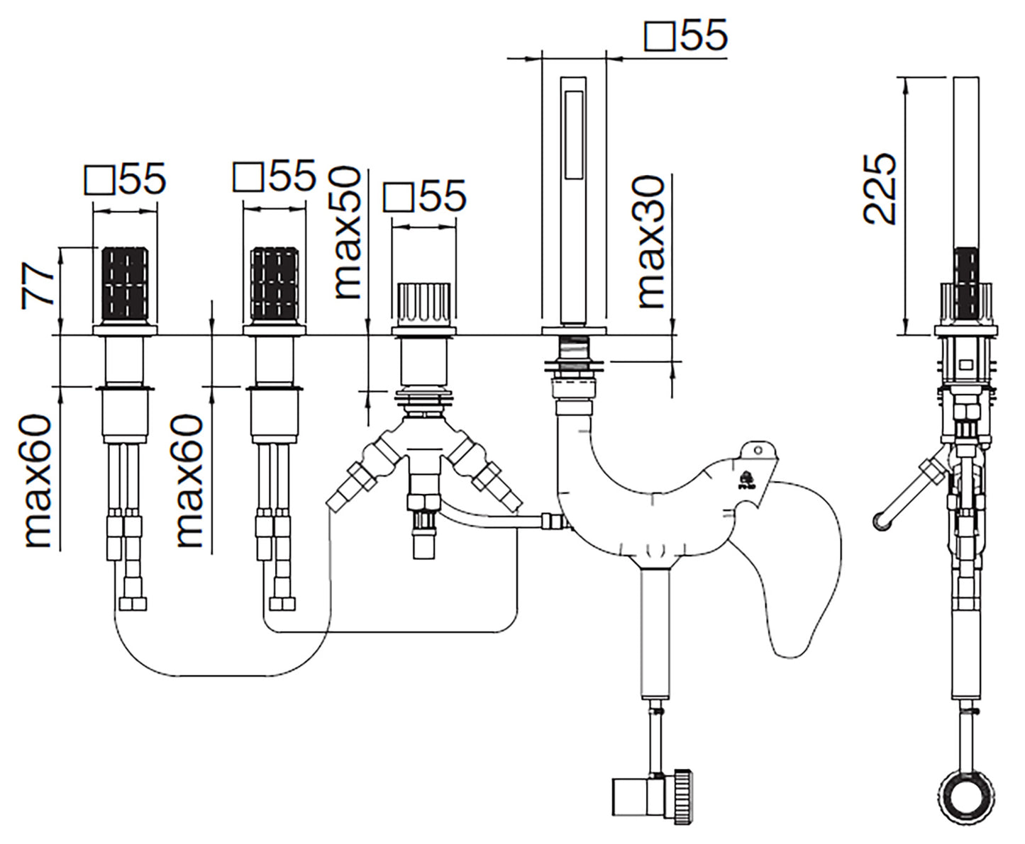 Rubinetterie Treemme 3M Kea IT 7A70 CC RO ZZ Batteria Bordo Vasca 4 Fori Con Doccetta Estraibile Metallo Flessibile PVC Senza Bocca Materiale Ottone Finitura Cromata Stile Moderno 2 Leve Manopole in Cristallo Trasparente