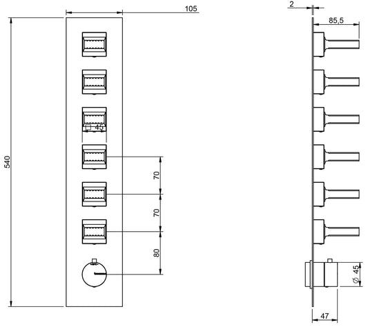 Rubinetterie Treemme 3M Kea RWIT 7A64 CC KO + RWIT 7264 ZZ 30 Miscelatore Termostatico Doccia Incasso Muro 6 Uscite Con Piastra 7 Fori Sei Manopole in Ottone Materiale Ottone Finitura Cromata Parte Interna Esterna Incluse