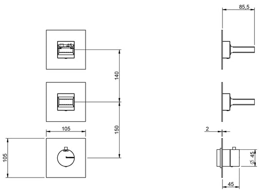 Rubinetterie Treemme 3M Kea RWIT 7A74 CC KO + RWIT 7274 ZZ 40 Miscelatore Termostatico Doccia Incasso Muro 2 Uscite Senza Piastra 3 Fori 2 Manopole in Ottone Materiale Ottone Finitura Cromata Parte Interna Esterna Incluse