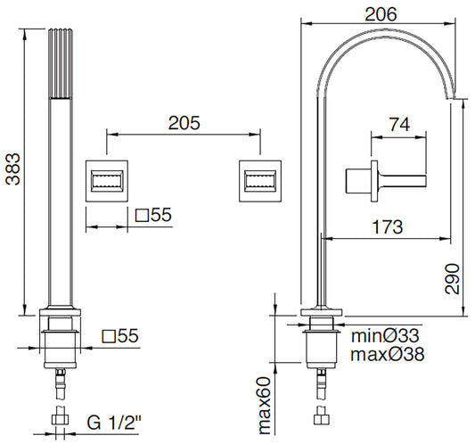 Rubinetterie Treemme 3M Kea RWIT 3A85 CC KO + RWIT 3A60 ZZ 02 Miscelatore Batteria Lavabo 290 mm Appoggio 2 Manopole in Ottone a Muro 3 Fori Stile Moderno Altezza 383 mm Lunghezza 206 mm Materiale Ottone Finitura Cromato Parte Interna Esterna Incluse