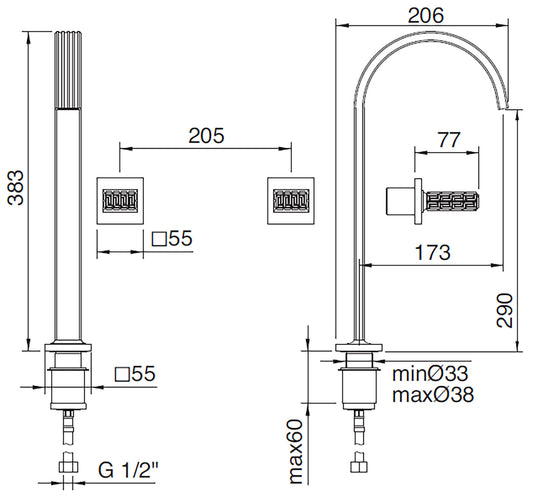 Rubinetterie Treemme 3M Kea RWIT 3A85 CC RO + RWIT 3A60 ZZ 02 Miscelatore Batteria Lavabo 290 mm Appoggio 2 Leve Cristallo Trasparente Muro 3 Fori Stile Moderno Altezza 383 mm Lunghezza 206 mm Materiale Ottone Finitura Cromo Parte Interna Esterna Incluse
