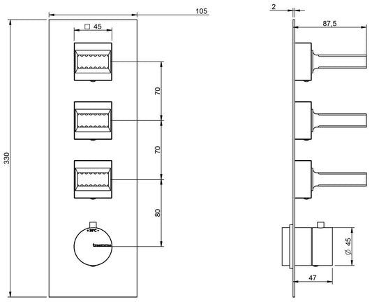 Rubinetterie Treemme 3M Kea RWIT 7A94 CC KO + RWIT 7294 ZZ 30 Miscelatore Termostatico Doccia Incasso Muro 3 Uscite Con Piastra 4 Fori Tre Manopole in Ottone Materiale Ottone Finitura Cromata Parte Interna Esterna Incluse