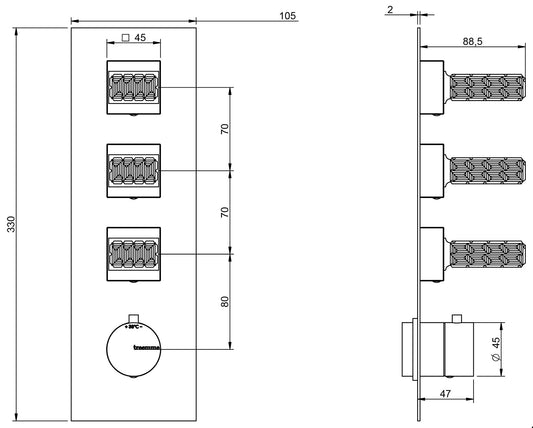 Rubinetterie Treemme 3M Kea RWIT 7A94 CC RO + RWIT 7294 ZZ 30 Miscelatore Termostatico Doccia Incasso Muro 3 Uscite Con Piastra 4 Fori Tre Manopole in Cristallo Trasparente Materiale Ottone Finitura Cromata Parte Interna Esterna Incluse