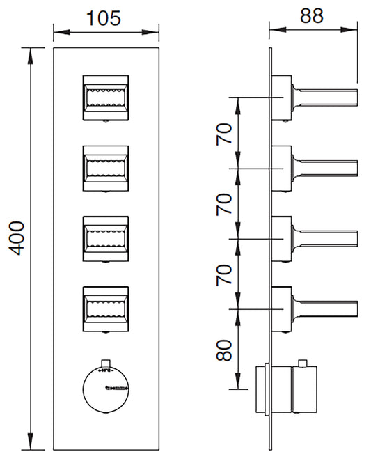 Rubinetterie Treemme 3M Kea RWIT 7A97 CC KO + RWIT 7297 ZZ 30 Miscelatore Termostatico Doccia Incasso Muro 4 Uscite Con Piastra 5 Fori Quattro Manopole in Ottone Materiale Ottone Finitura Cromata Parte Interna Esterna Incluse