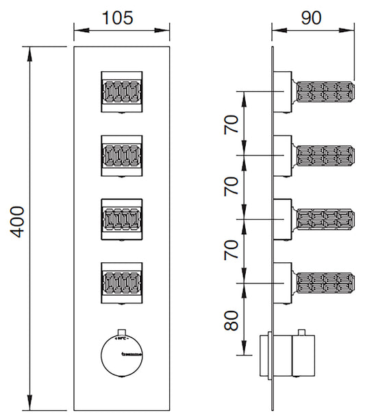 Rubinetterie Treemme 3M Kea RWIT 7A97 CC RO + RWIT 7297 ZZ 30 Miscelatore Termostatico Doccia Incasso Muro 4 Uscite Con Piastra 5 Fori Quattro Manopole in Cristallo Trasparente Materiale Ottone Finitura Cromata Parte Interna Esterna Incluse