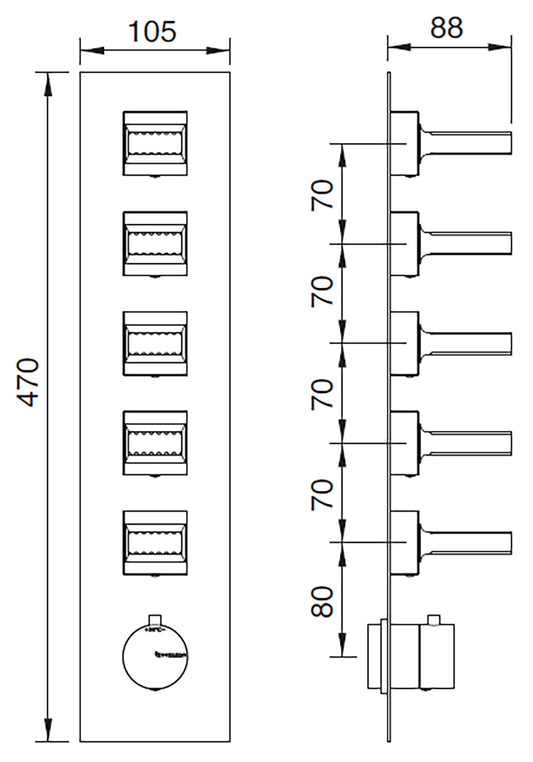 Rubinetterie Treemme 3M Kea RWIT 7A98 CC KO + RWIT 7298 ZZ 30 Miscelatore Termostatico Doccia Incasso Muro 5 Uscite Con Piastra 6 Fori Cinque Manopole in Ottone Materiale Ottone Finitura Cromata Parte Interna Esterna Incluse