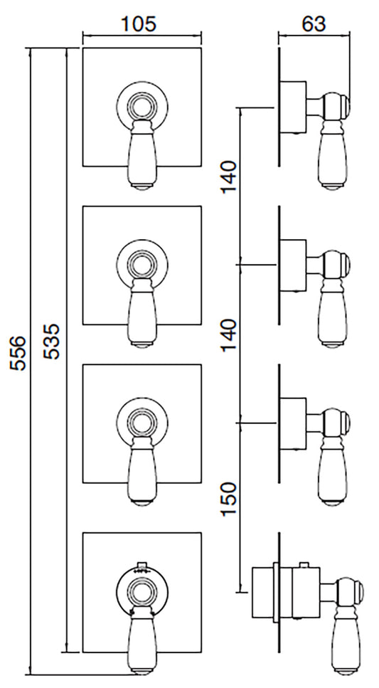 Rubinetterie Treemme 3M Old Italy Sogno RWIT 7275 CC 46 + RWIT 7275 ZZ 40 Miscelatore Doccia Termostatico Incasso Muro 3 Uscite 4 Fori Quattro Leve Ceramica Bianca Stile Classico Senza Piastra Doppio Orientamento Ottone Cromo Parte Interna Esterna Incluse