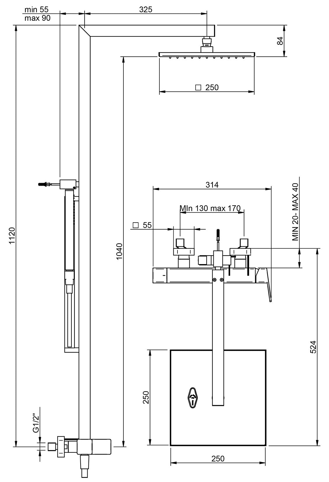 Rubinetterie Treemme 3M Pa36 IT 8B60 CC QF ZZ Colonna Gruppo Doccia Multifunzione Miscelatore Meccanico Doccetta Quadra Soffione Anticalcare 250x250 mm Metallo Flessibile PVC Montaggio Muro Materiale Ottone Finitura Cromata