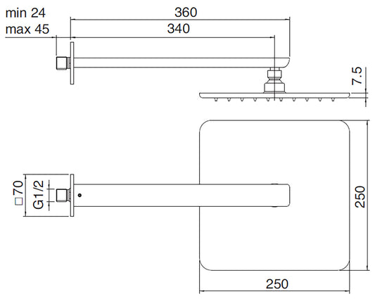 Rubinetterie Treemme 3M Pa36 RWIT 6A47 CC 01 Soffione Doccia A Parete Anticalcare Quadrato Misura 250x250 mm In Metallo Cromo Con Braccio Lunghezza 360 mm Uscita Acqua a Pioggia Stile Moderno Materiale Ottone Finitura Cromato