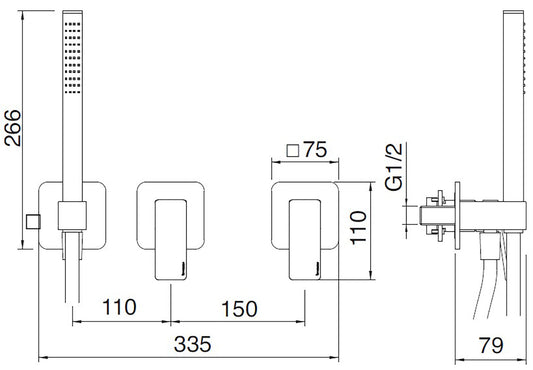 Rubinetterie Treemme 3M Pa36 RWIT 8BD9 CC 01 + RWIT 51D9 ZZ 01 Miscelatore Vasca / Doccia Incasso Muro Monocomando Meccanico Parte Interna Esterna Inclusa 3 Fori Senza Piastra Ottone Cromato 2 Leve Manopole Stile Moderno Doccetta Metallo Flessibile PVC
