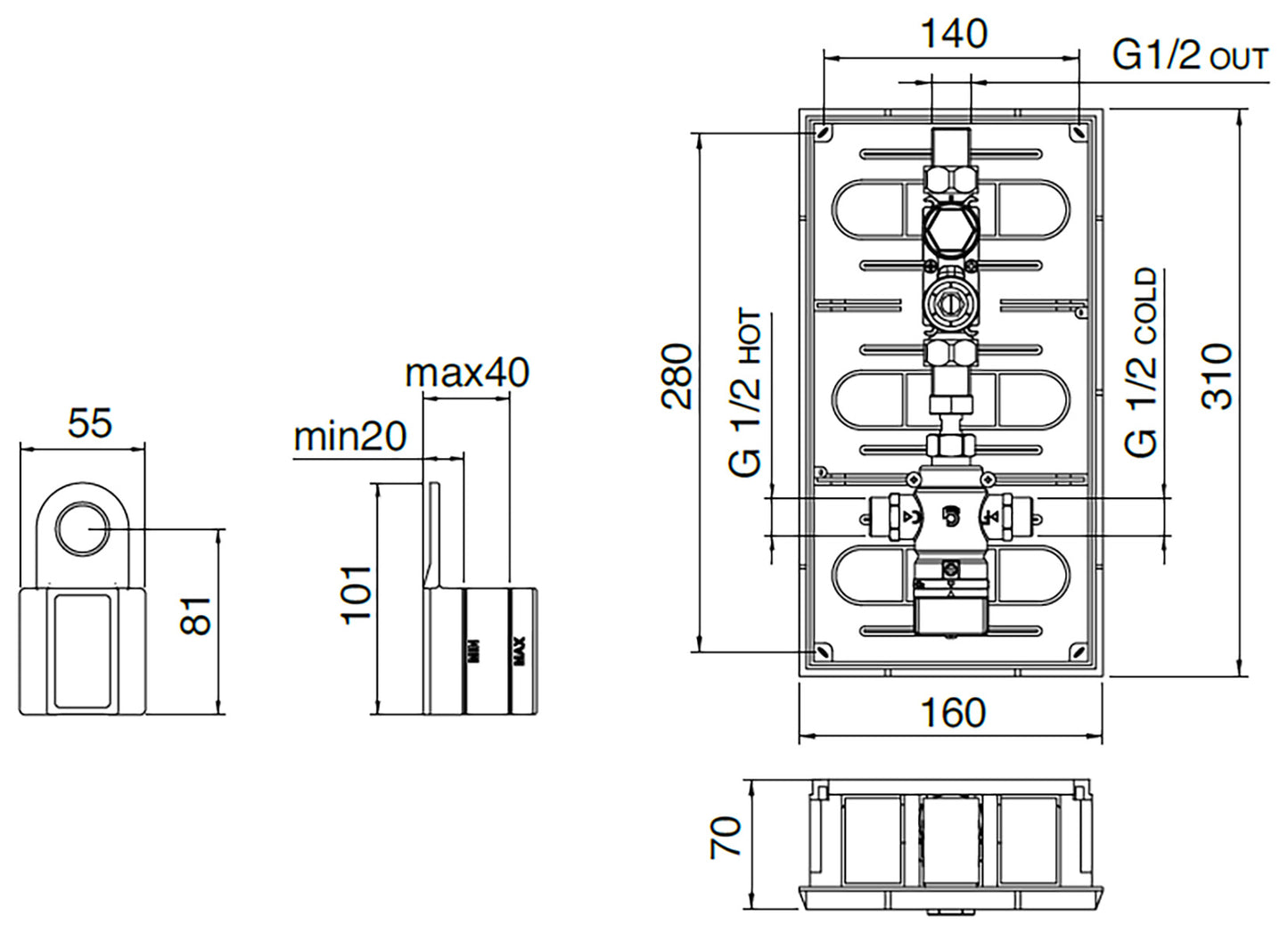 Rubinetterie Treemme 3M Electronic washbasin tap RWIT 2896 IS 02 + RWIT 2895 ZZ MX Rubinetto Elettronico Fotocellula Lavabo 230 Alimentazione Batteria Miscelazione Termostatica Muro Altezza 120 Lunghezza 256 mm Parte Interna Esterna Incluse Acciaio Inox