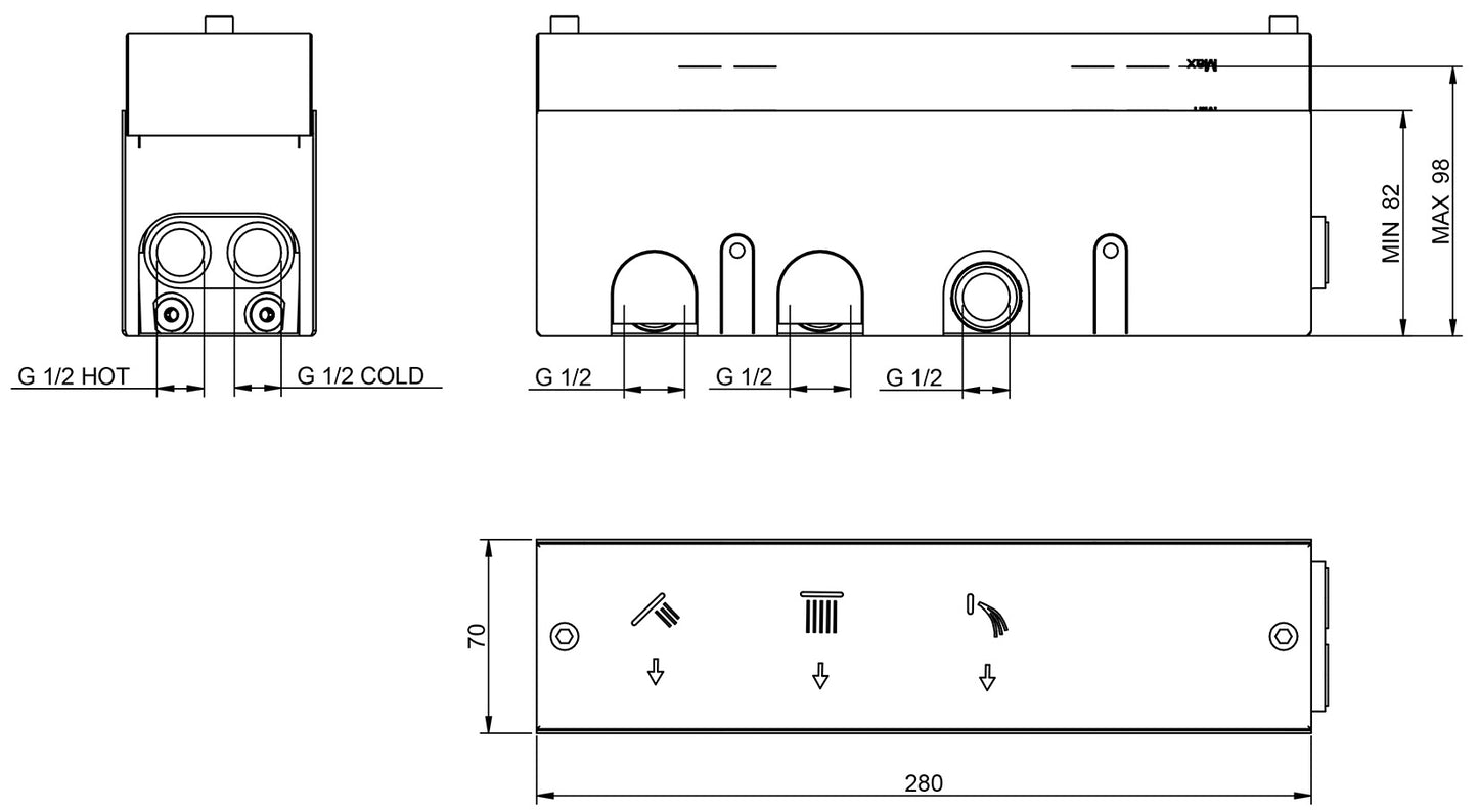 Rubinetterie Treemme 3M Watt RWIT 2B90 IS 01 + RWIT 2B90 ZZ 30 Miscelatore Doccia Meccanico Monocomando Incasso Parete 1 Manopola 3 Uscite 4 Fori Stile Moderno Con Piastra Materiale Acciaio Finitura Inox Spazzolato Opaco Parte Interna Esterna Incluse