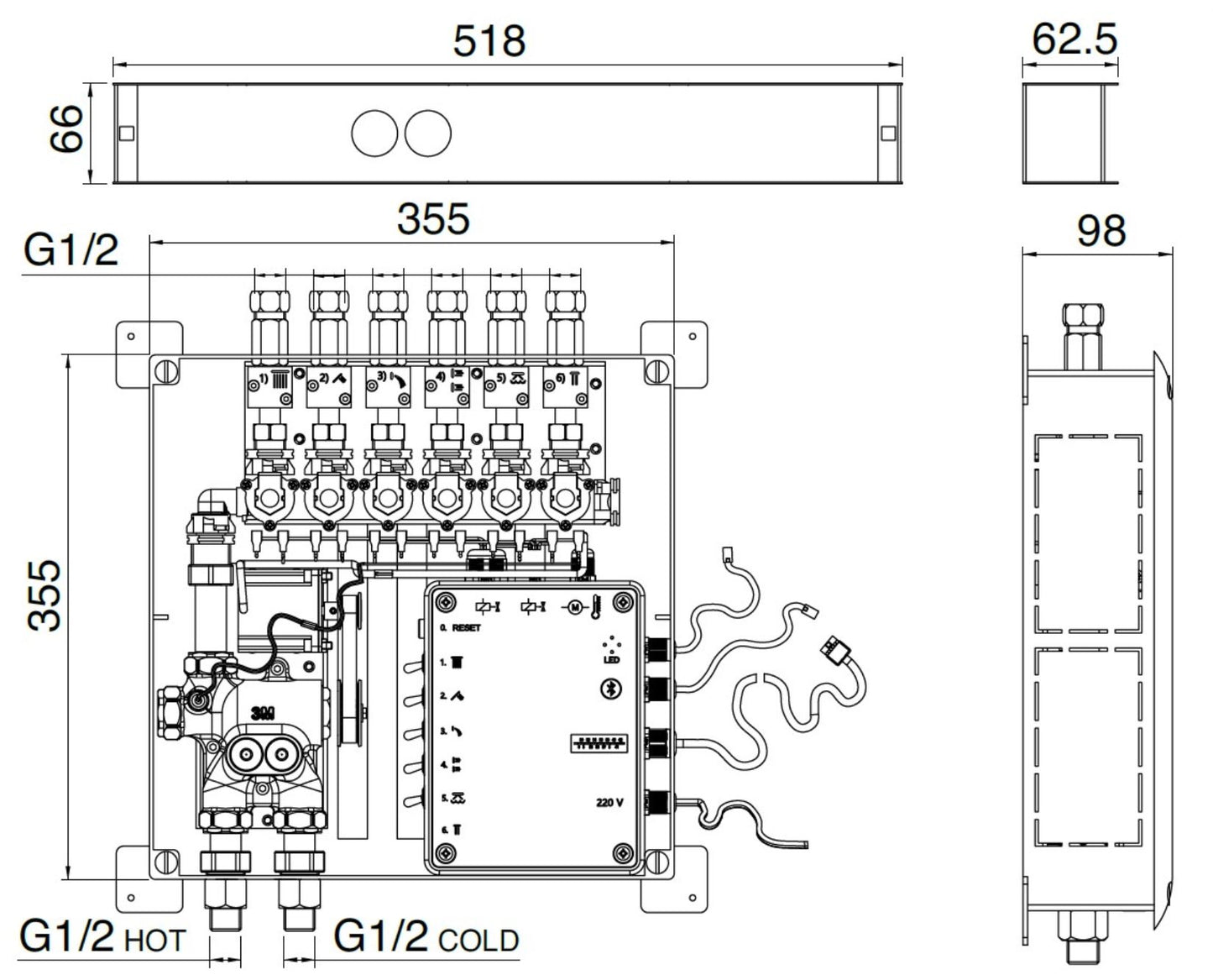 Rubinetterie Treemme 3M W-70S RWIT 7BF6 CC 01 + RWIT 7BF5 ZZ 30 Miscelatore Doccia Termostatico Incasso 6 Uscite Parete 7 Fori Display Elettronico Digitale Parte Interna Esterna Incluse Stile Moderno Con Piastra Materiale Ottone Finitura Cromata