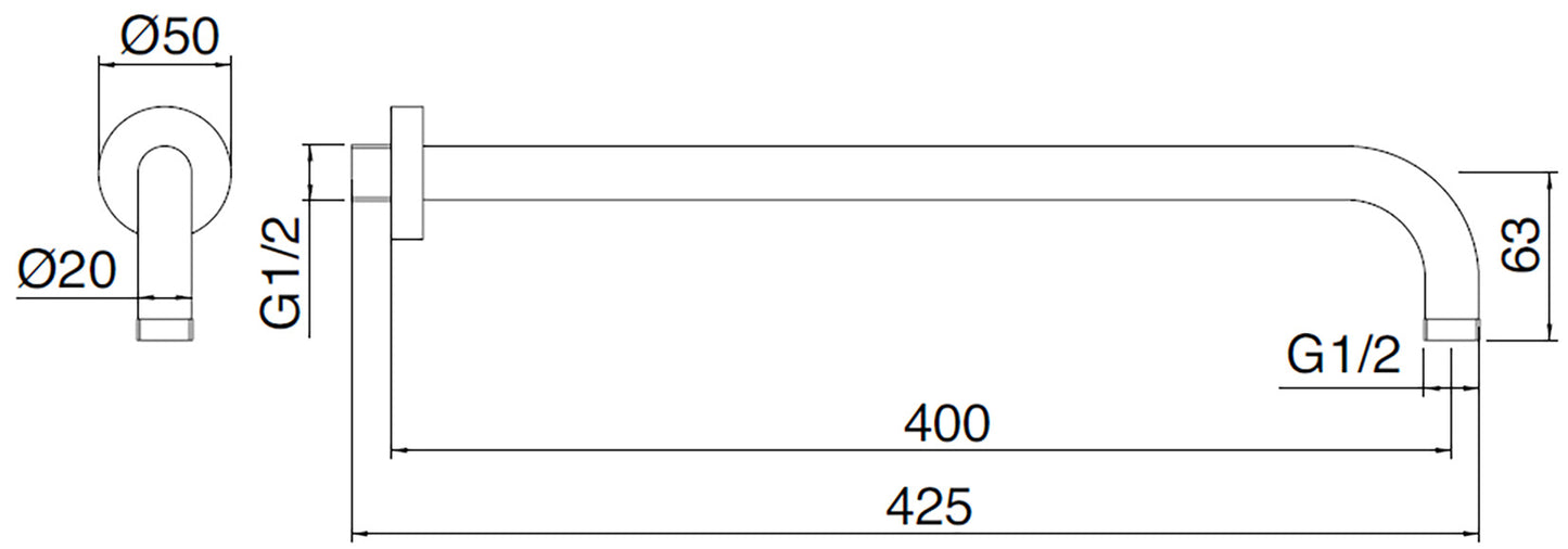Rubinetterie Treemme SHOWERS Braccio Tondo Per Soffione Doccia Presa Tonda A Parete 400 mm Materiale Acciaio Finitura Acciaio Spazzolato Opaco Inox
